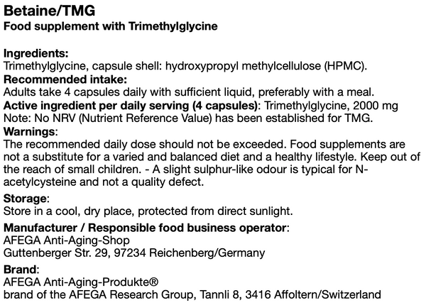 50 g betaine/TMG capsules (100 capsules of 500 mg each) - to be taken as a precaution when consuming NMN