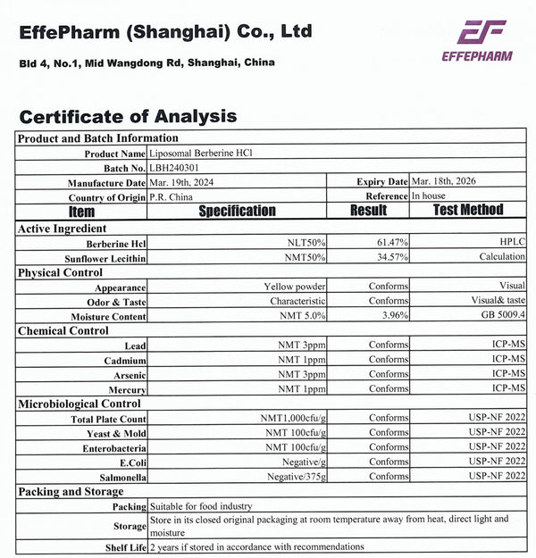 50 g liposomal berberine (LipoAvail®), the alternative to metformin - 100 capsules of 500 mg each