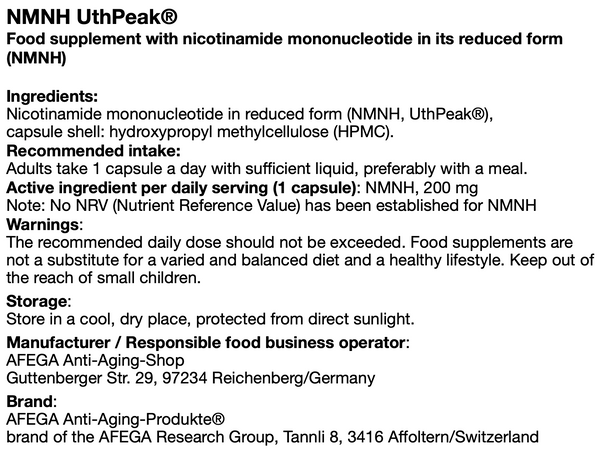 Wirksame(re) Alternative zu NMN: UthPeak®/AFEGA® (NMNH; anstelle von NMN) - 50 Kapseln zu je 200 mg