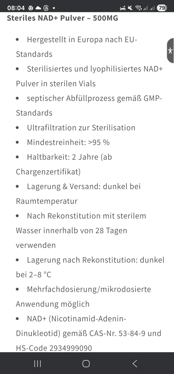 500 mg de NAD (β-nicotinamida adenina dinucleótido, forma oxidada; CAS 53-84-9) - 1 inyección de gotas líquidas en 10 ml - ampolla - ¡Devoluciones excluidas! - Producto UE (producción conforme a la normativa de la UE)