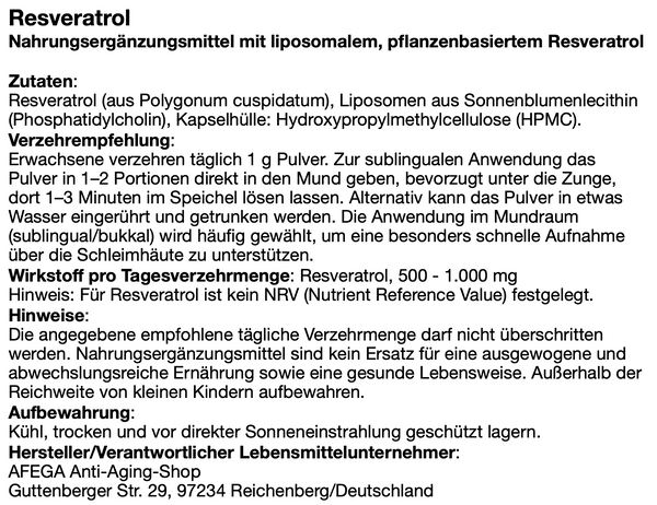 50 g liposomales Resveratrol-Pulver; 99 % Reinheit (pflanzenbasiert)
