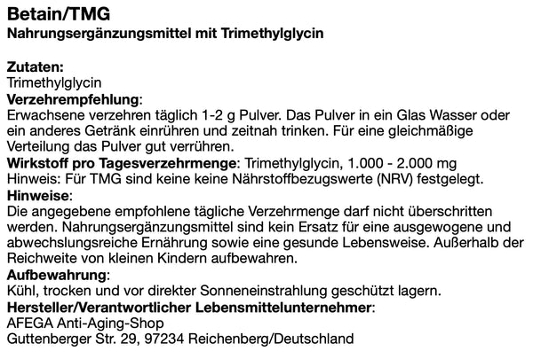AFEGA Betain Etikett mit Angaben zu Dosierung und Einnahme des Pulvers