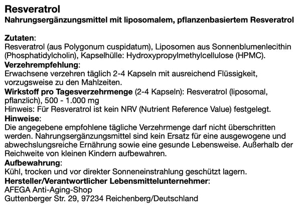 AFEGA Etikett zu liposomalen Resveratrol-Kapseln mit Angaben zu Zutaten, Dosierung und Einnahme
