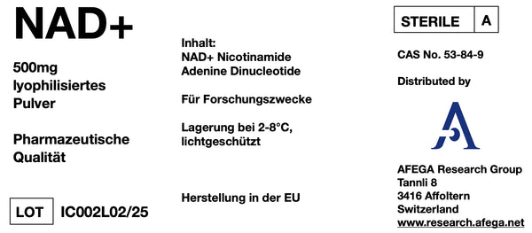 Etikett vom AFEGA NAD+, lyophilisiertes Pulver (500mg), hergestellt in der EU