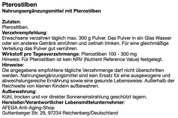 AFEGA Pterostilbene Etikett mit Angaben zu Dosierung und Einnahme