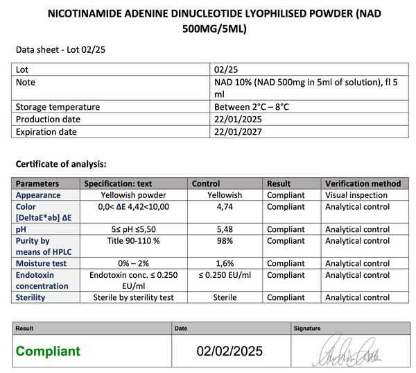 Zertifikat zu Analysedaten von NAD 500mg