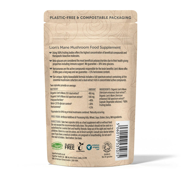Rückseite der Together Health Lion's Mane Verpackung mit Inhaltsstoffen und Nährwertangaben