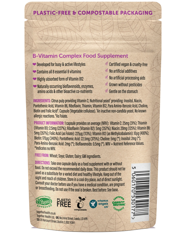 Rückseite der Together Health Vitamin B-Komplex Verpackung mit Inhaltsstoffen und Nährwertangaben