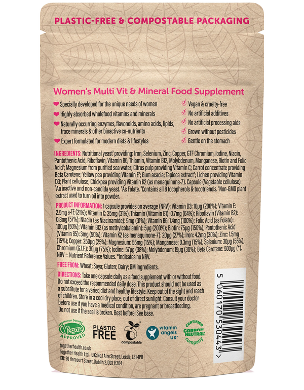 Rückseite der Together Health Women's Verpackung mit Inhaltsstoffen und Nährwertangaben