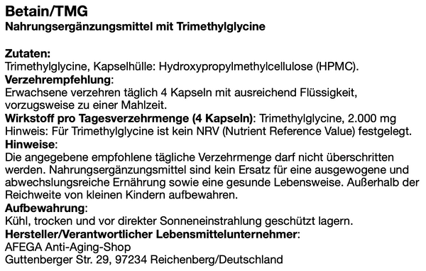Capsules de 50 g de bétaïne/TMG (100 capsules de 500 mg chacune) - Soyez prudent lorsque vous prenez NMN !