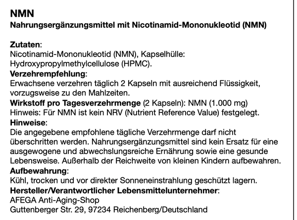 50 g de NMN (mononucleótido de nicotinamida) - 100 cápsulas son 500 mg