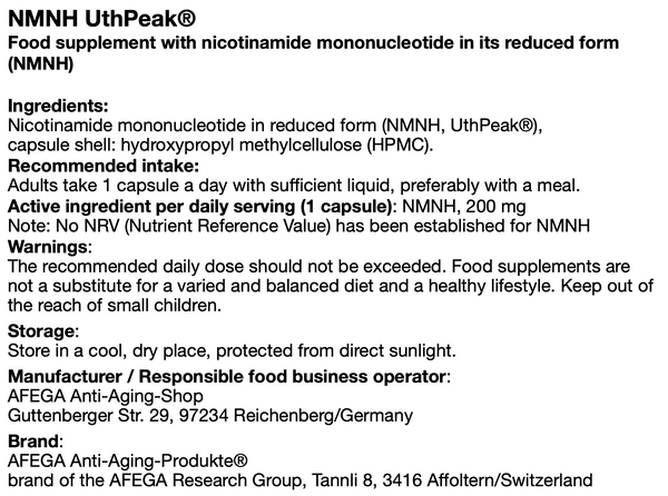 Wirksame(re) Alternative zu NMN: UthPeak®/AFEGA® (NMNH; anstelle von NMN) - 50 Kapseln zu je 200 mg