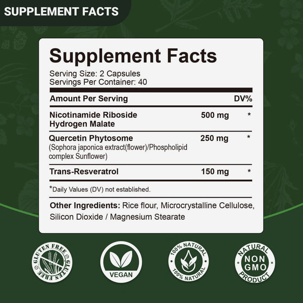 500 mg liposomales NR (Nikotinamidribosid) in einer Rezeptur mit Resveratrol und Quercetin