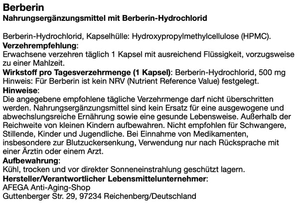 AFEGA Berberin Etikett mit Angaben zu Dosierung und Einnahme