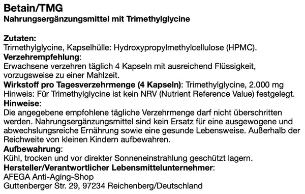 AFEGA Betain Etikett mit Angaben zur Dosierung und Einnahme der Kapseln