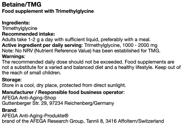 AFEGA Betaine label with dosage and intake recommendations