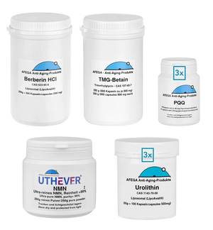 AFEGA Bundle mit liposomalen Berberin- und Betain-Kapseln (je 250 g), Uthever-NMN-Tabletten (250 g) sowie drei Dosen PQQ-Kapseln (je 90 Stück) und drei Dosen Urolithin-Kapseln (je 50 g)