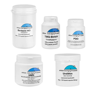 AFEGA Bundle mit liposomalen Berberin-Kapseln (250g), NMN-Pulver (250g), PQQ-Kapseln (90 Stück), Urolithin-Kapseln (50g) und Betain-Pulver (150g) in weißen Dosen