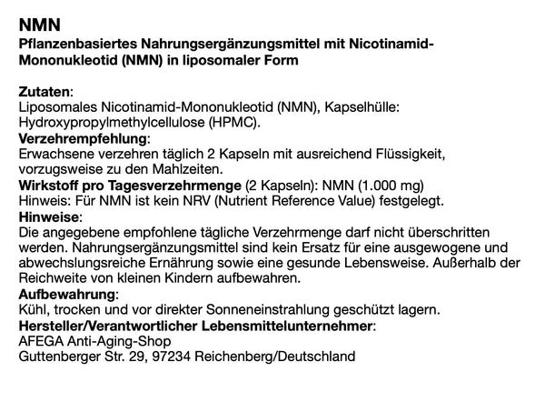 AFEGA-Etikett zu liposomalen NMN-Kapseln, mit Angaben zu Zutaten, Wirkstoff und Einnahme