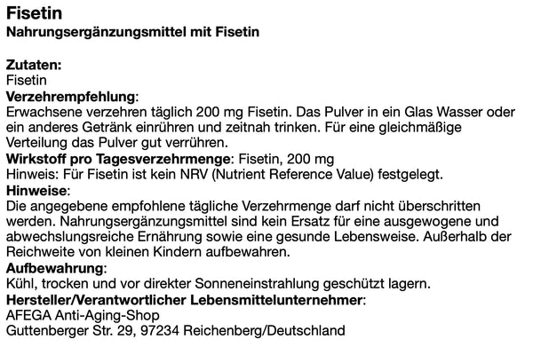 AFEGA Etikett Fisetin mit Angaben zu Dosierung und Einnahme