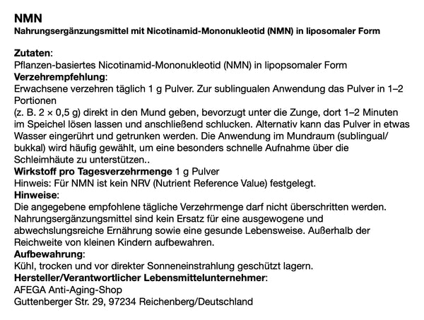 Etikett von AFEGA liposomales NMN-Pulver, mit Angaben zu Zutaten, Dosierung und Einnahme