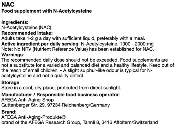 AFEGA NAC label with dosage and intake recommendations