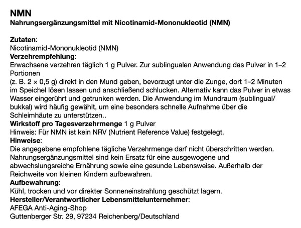 AFEGA Etikett zu NMN, mit Angaben zu Dosierung und Einnahme