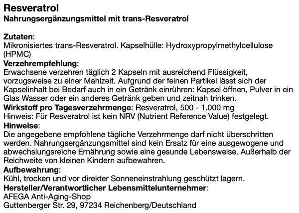 AFEGA Resveratrol mikronisiert Etikett mit Angaben zu Dosierung und Einnahme