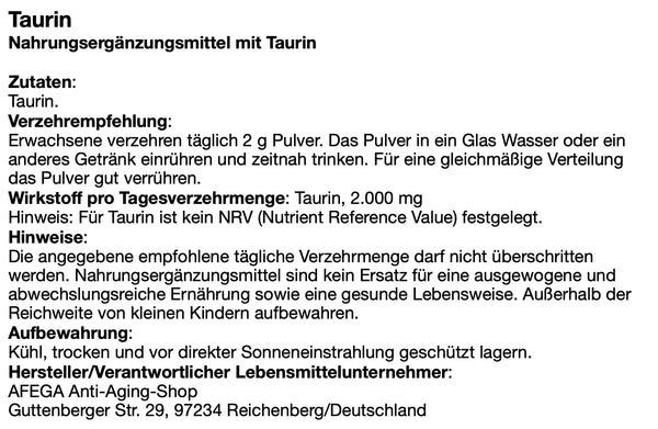 Etikett von AFEGA Taurin mit Angaben zu Zutaten, Wirkstoff und Einnahme