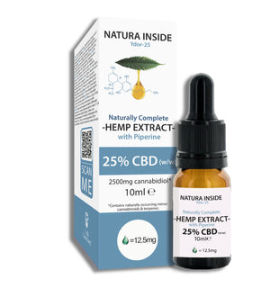 Natura Inside CBD Öl (25%), 10ml in brauner Pipettenflasche und bedruckter Verpackung