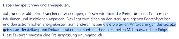 Hinweis für Therapeuten zur Preisanpassung bei Infusionen