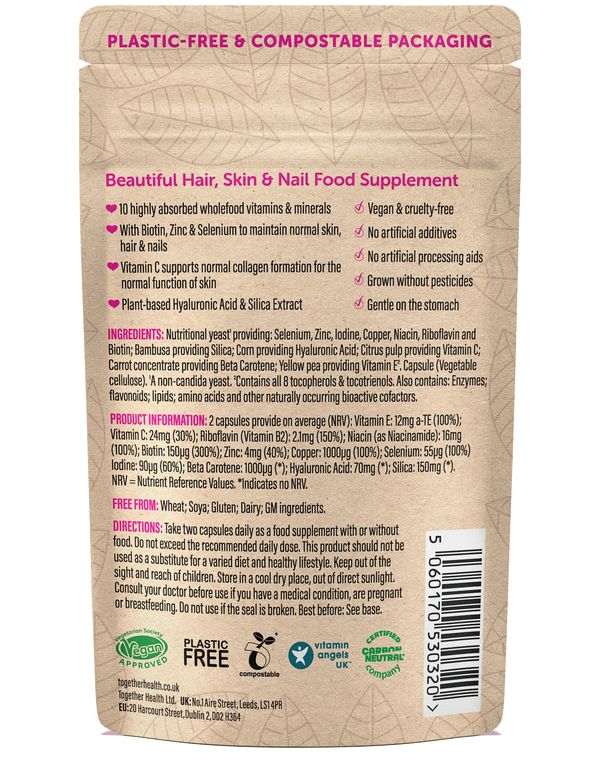 Rückseite der Together Health Beautiful Verpackung mit Inhaltsstoffen und Nährwertangaben