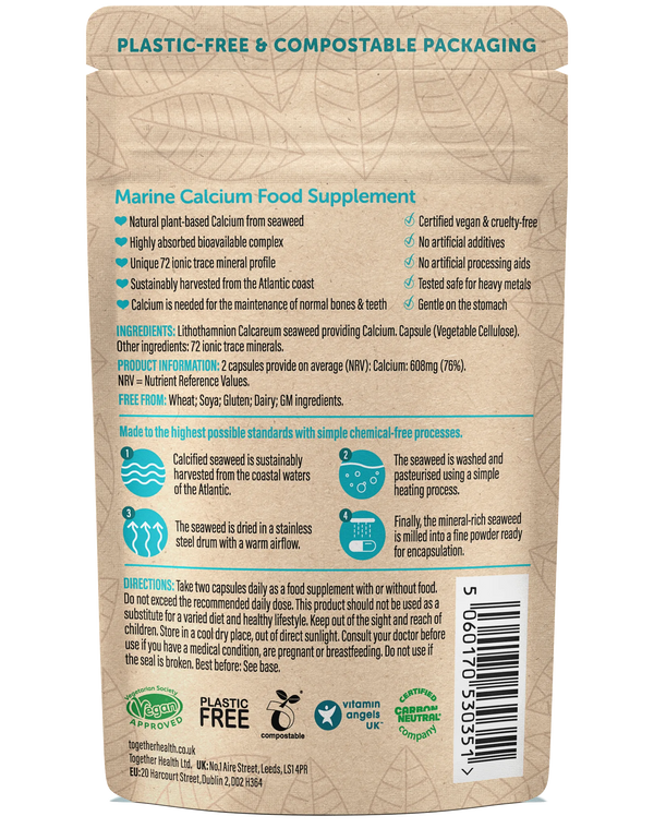Rückseite der Together Health Calcium Verpackung mit Inhaltsstoffen und Nährwertangaben