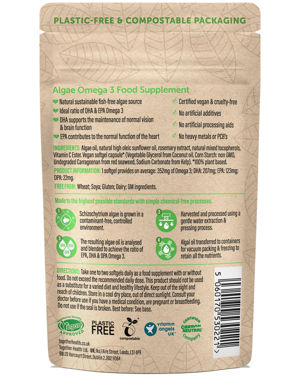 Rückseite der Together Health Omega 3 Verpackung mit Inhaltsstoffen und Nährwertangaben