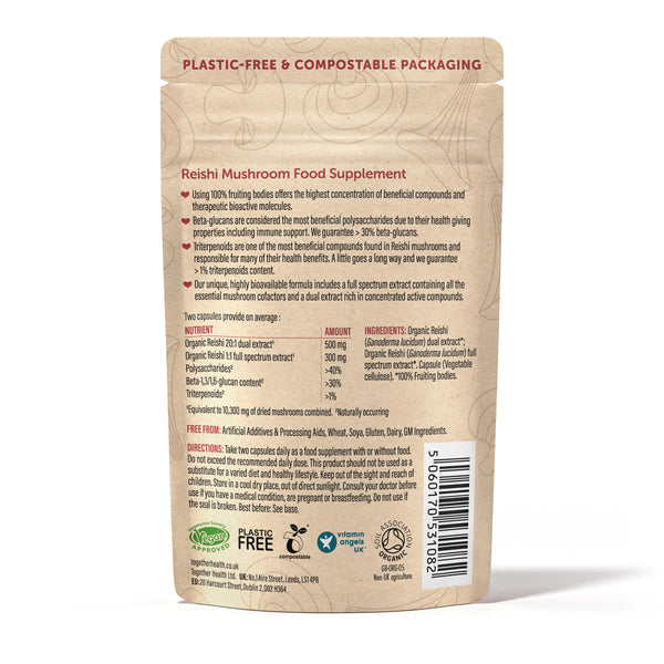 Rückseite der Together Health Organic Reishi Verpackung mit Inhaltsstoffen und Nährwertangaben